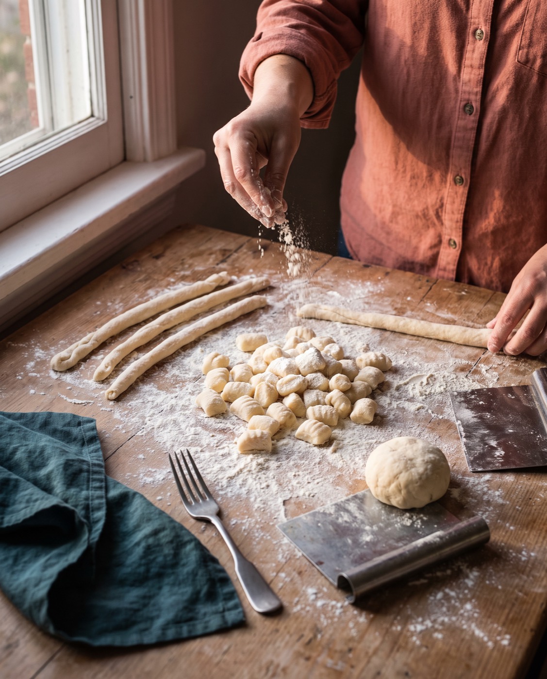 Una mesa de madera cubierta de harina: cordones de masa, ñoquis recién cortados, un tenedor y una mano que espolvorea harina a la luz de la ventana.