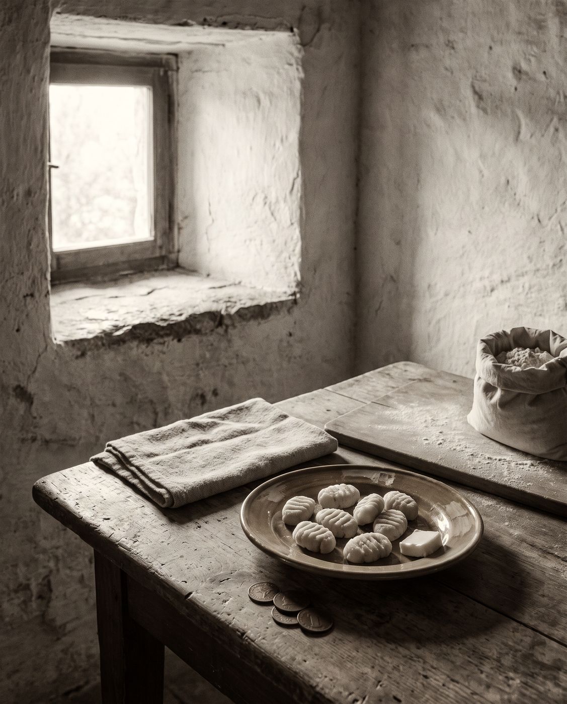 Una cocina campesina de piedra con una ventana pequeña: sobre la mesa de madera, un plato de ñoquis marcados con tenedor y, al lado, unas monedas antiguas; un saco de harina y un paño de lino.
