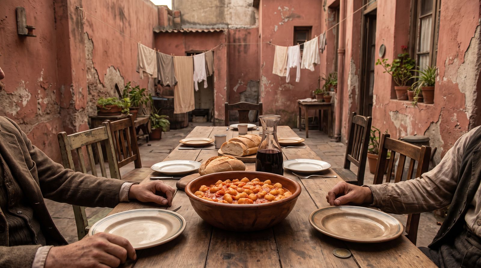 El patio de un conventillo con ropa tendida: una mesa larga compartida con una fuente de ñoquis con salsa de tomate, pan y vino; bajo el borde de un plato asoma una moneda.