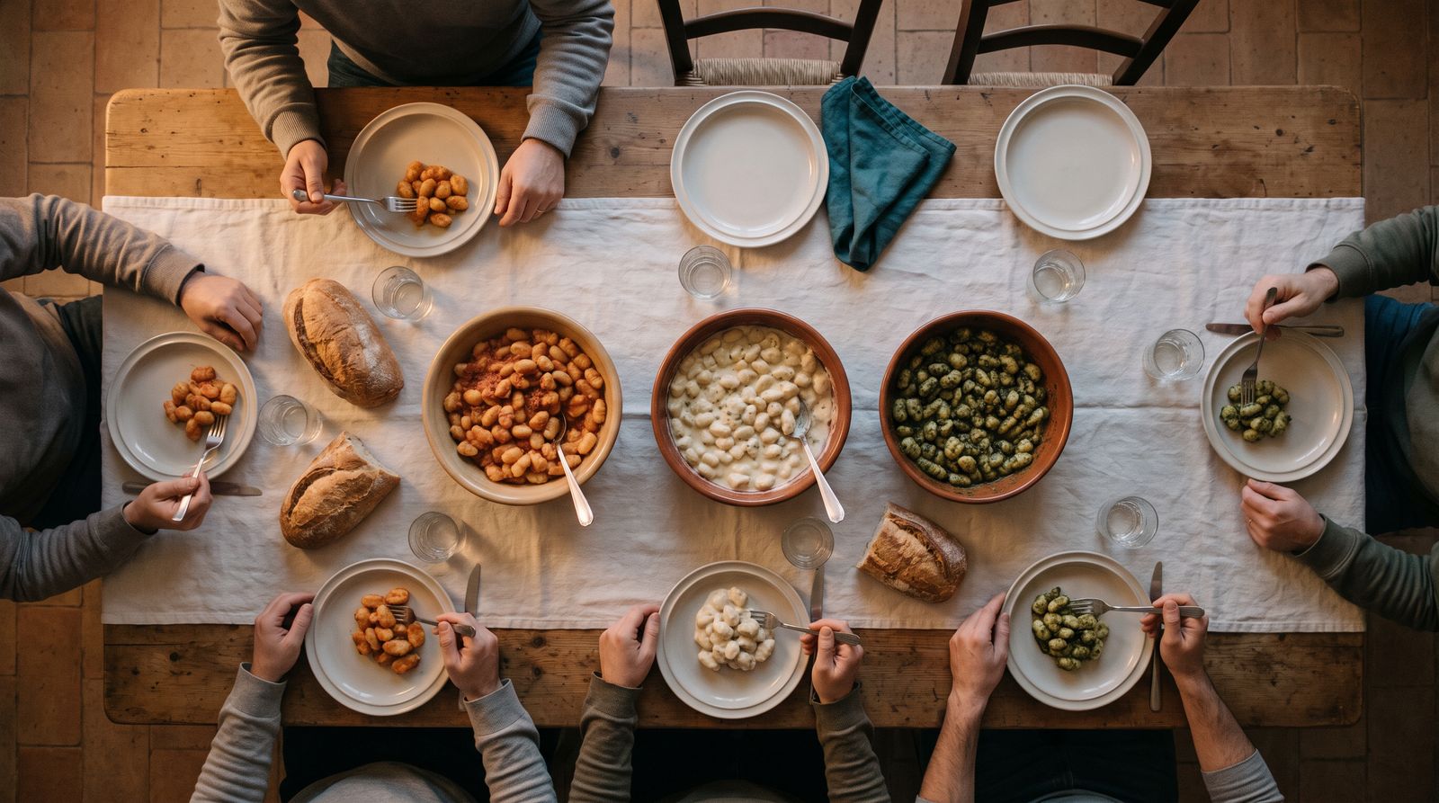 Una mesa larga vista desde arriba, con mantel de lino, fuentes de ñoquis con salsas distintas y manos que se sirven; al fondo, sillas y platos vacíos esperan a quien llegue.
