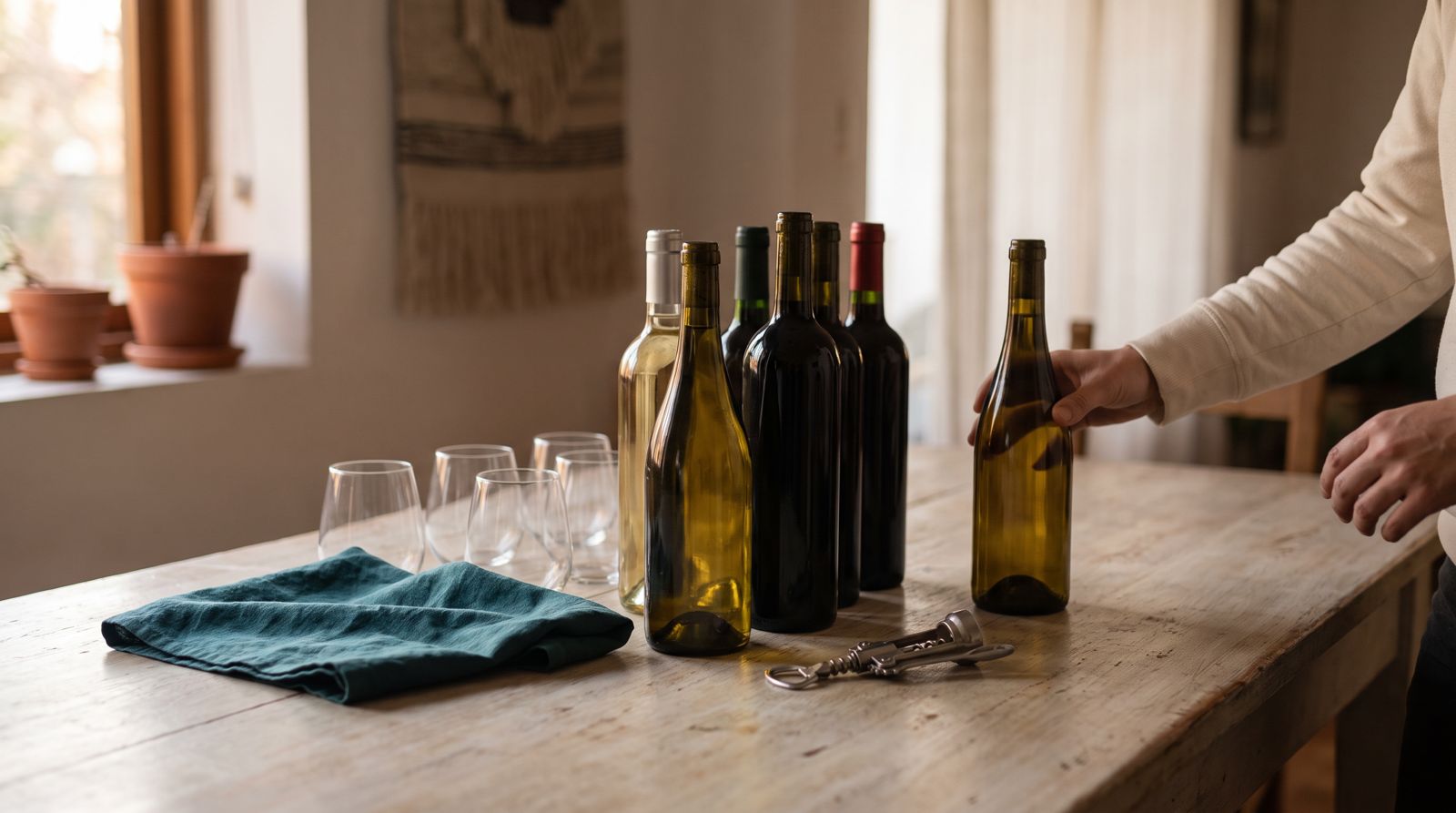 Botellas de vino distintas sobre una mesa de madera, junto a copas y una servilleta petrol; una mano deja una botella más.